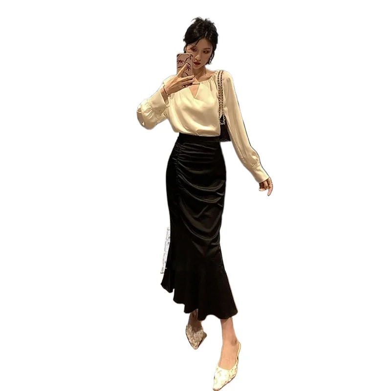

French Satin Metal Buckle Long-sleeved Shirt Women's Spring Fall New High-waisted and Thin Buttocks Fishtail Skirt Two-piece Set