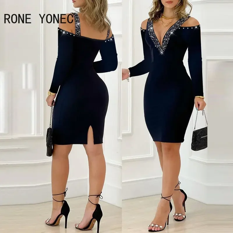 Kobiety Sexy eleganckie głębokie dekolt w serek dekoracje cyrkonią Off ramię długie rękawy małe sukienki Mini Silt Bodycon