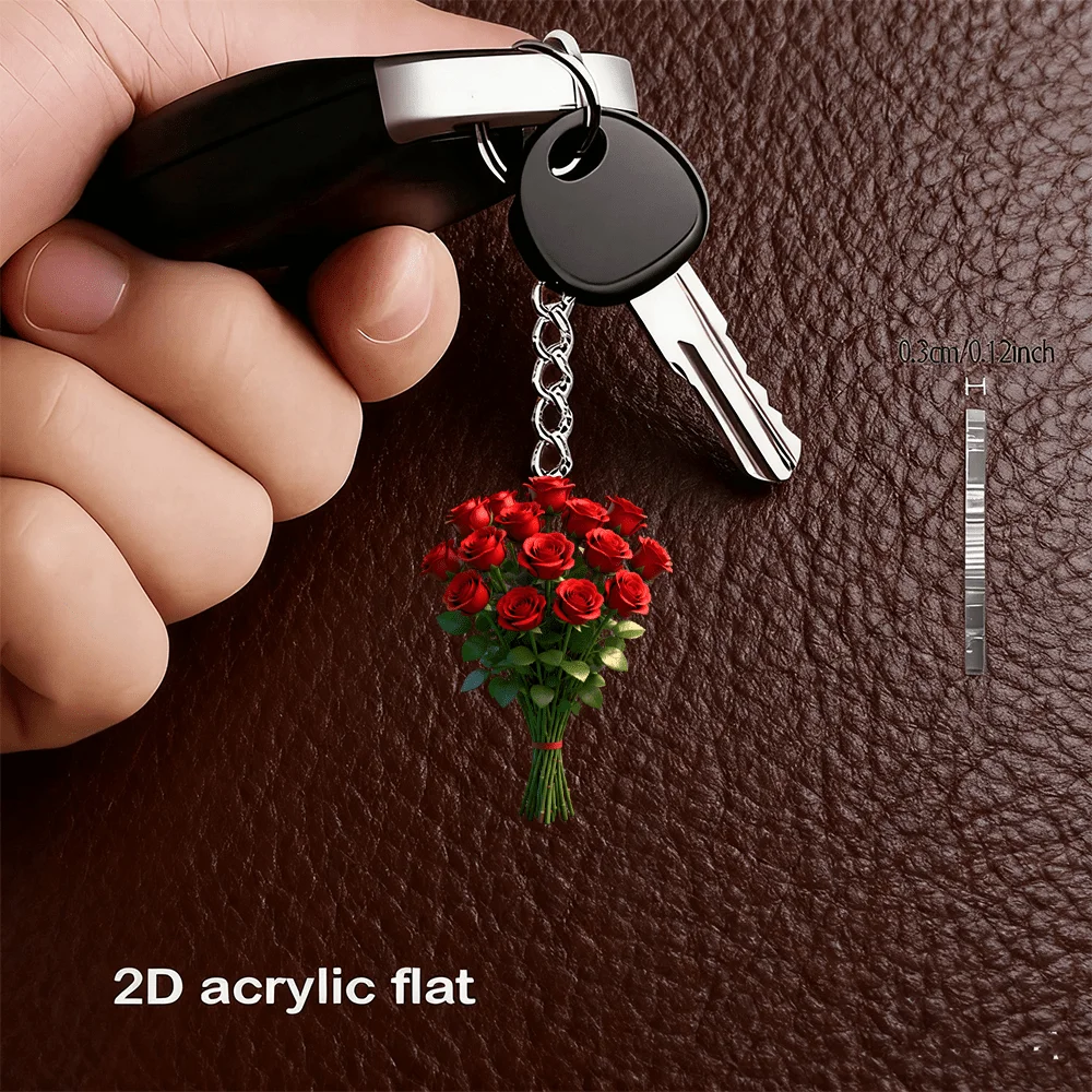 3pcs Charming 2D Acrylic Red Rose Keychain –Acrylic Flower Keychain Featuring a Lifelike Blooming Rose,Car Keys – Floral Keyring