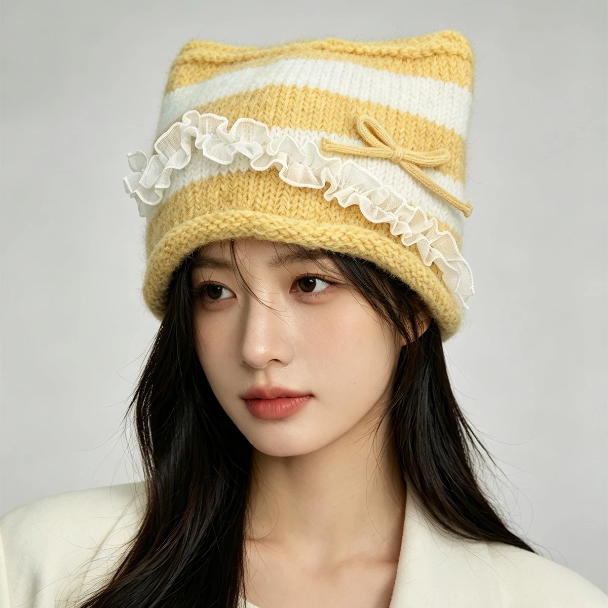 Korean Cute Striped Bow Lace Cat's Ears Knitted Hats New Women Warm Sweet Fashion Color Block Versatile Outdoor Niche Beanies 4