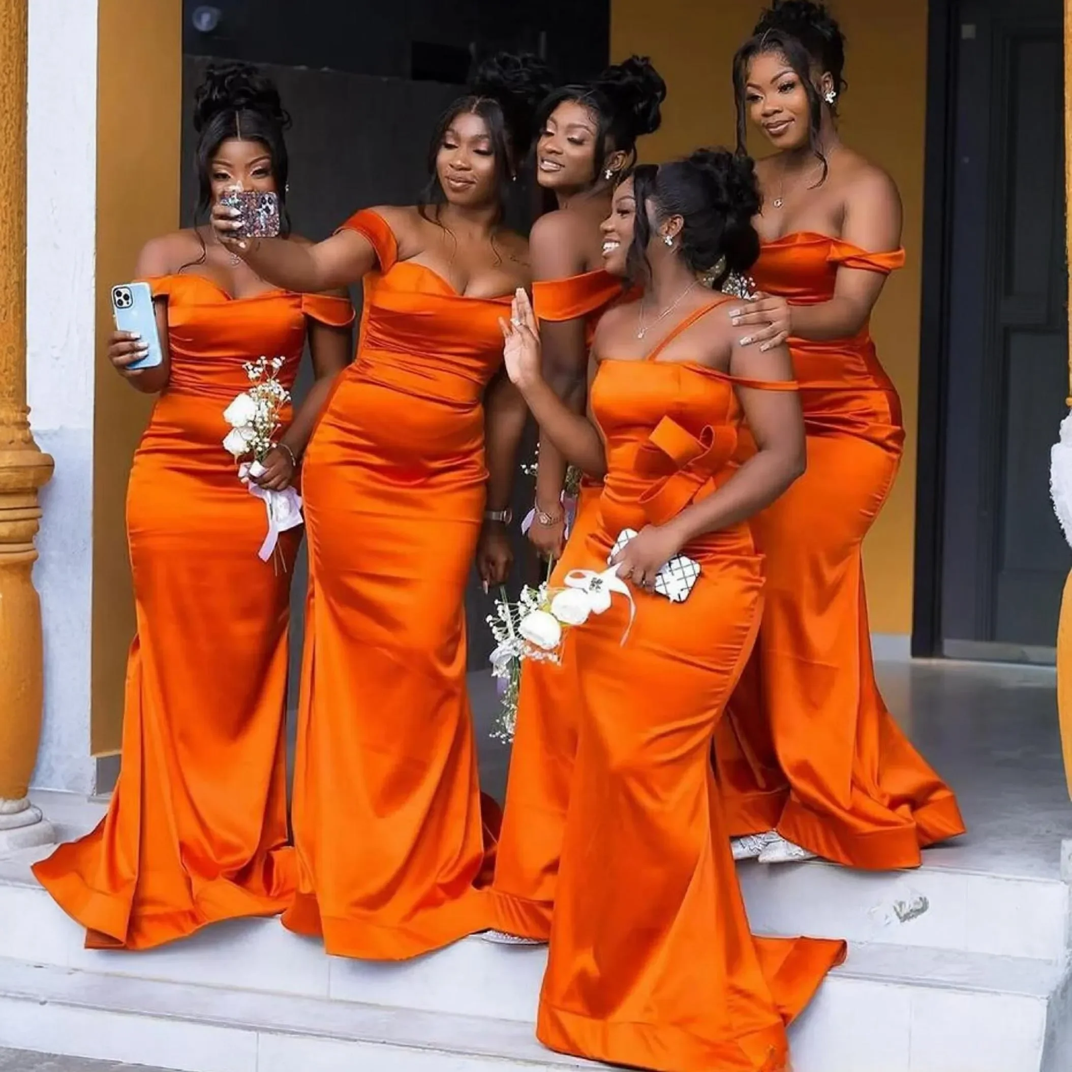 Bridesmaid Dresses Mermaid Elastic Satin Sweep Train Maid of Honor Dresses Bride Gowns for Nigeria Black Women Girls Marriage