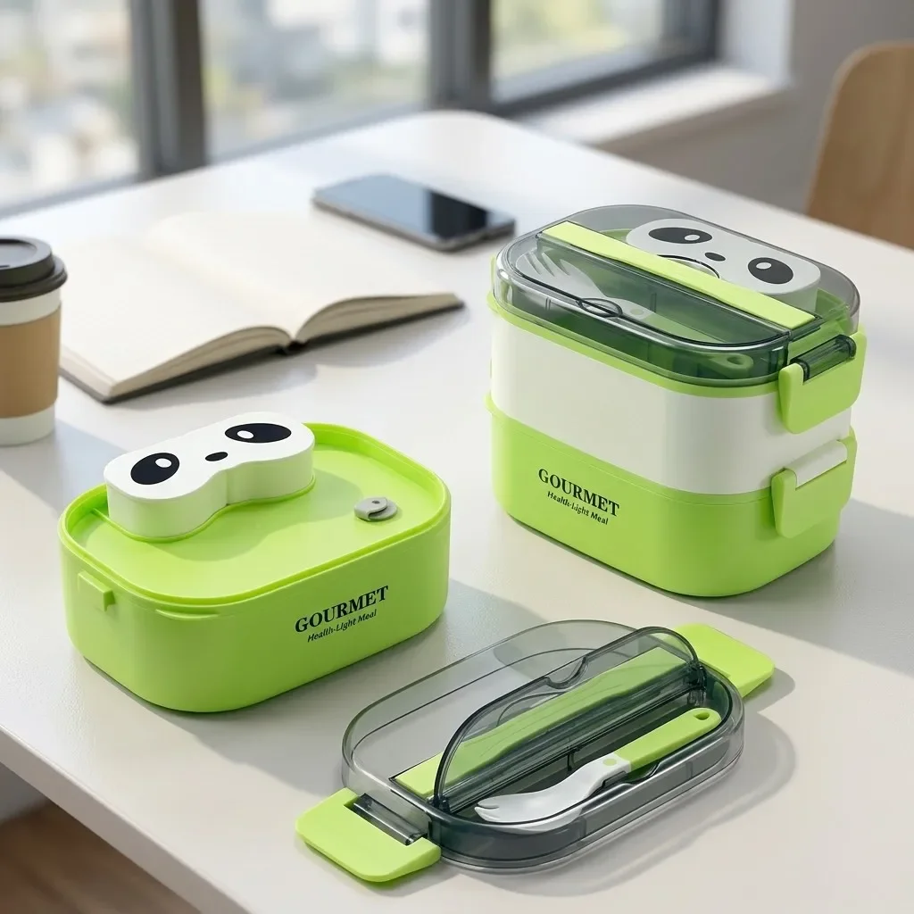 Microwavable Plastic Bento Box Leakproof Lunch Box with Cutlery Sauce Container 1/2 Layer Meal Prep Food Container Kids Adults