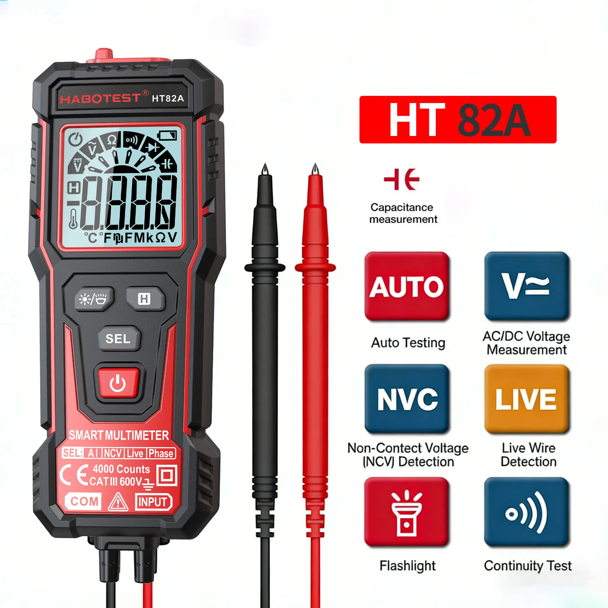 HABOTEST HT82A Digital Multimeter Voltage Tester 4000 Counts 600V AC/DC Volt Meter NCV Phase Sequence Auto Ranging Multimetre