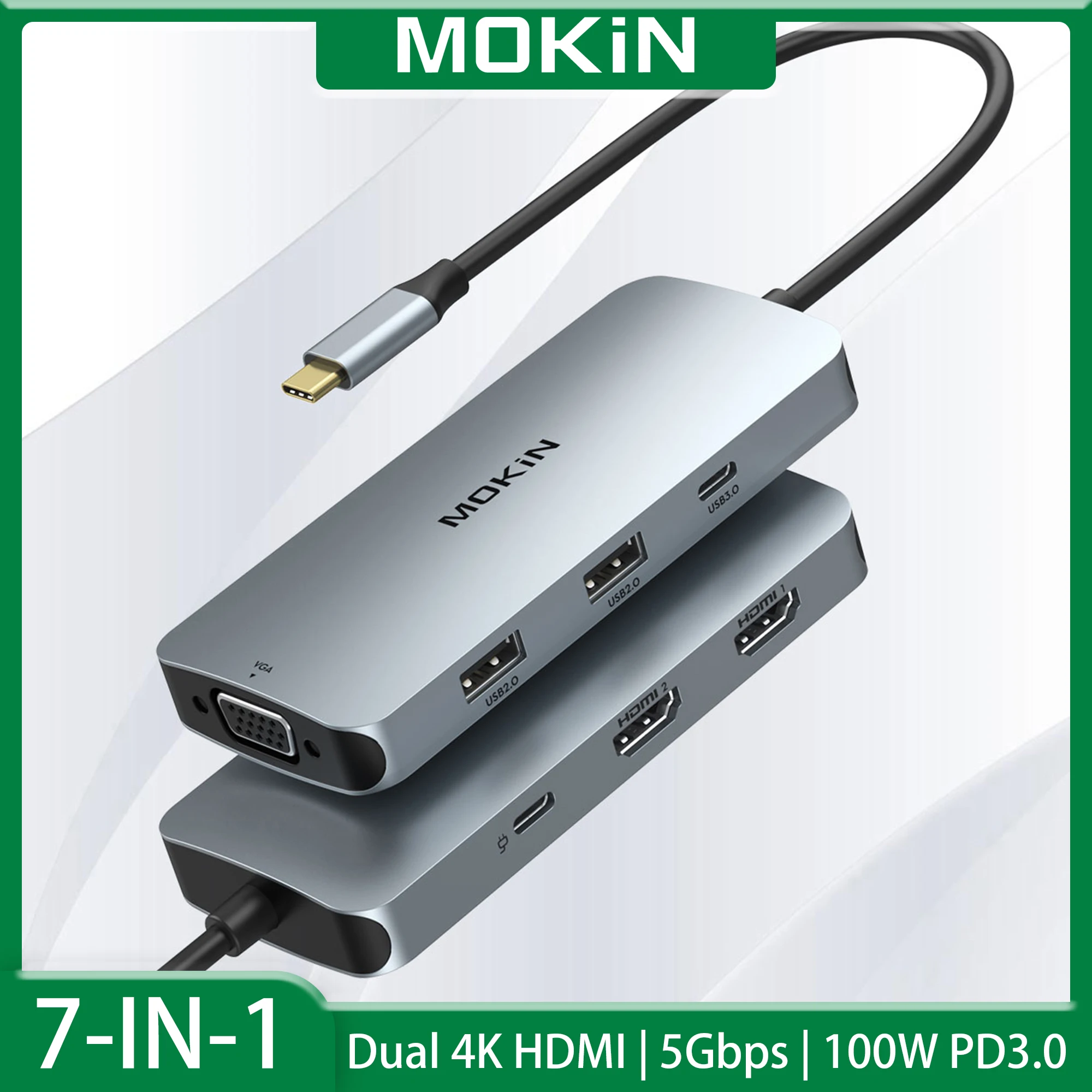 

Адаптер MOKiN для двух USB-портов 4K HDMI 7 в 1, USB-хаб 5 Гбит/с, USB 3,0 PD 100 Вт, док-станция для MacBook Pro/Air Sumsang