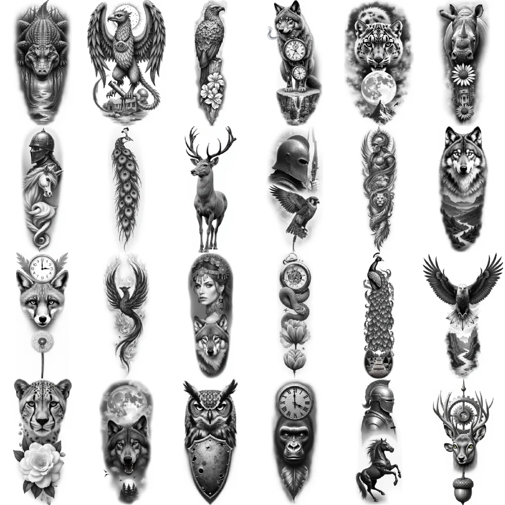

12pcs Temporary Tattoo Bird Of Prey Waterproof Long-lasting Body Stickers Tattoo Art Snow Leopard Black And Grey Realism For