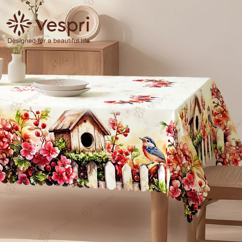 Woodland Tablecloth with Birdhouses, Rabbits, Fence for Indoor/Outdoor Camping decor, Rectangular/Round/Oval