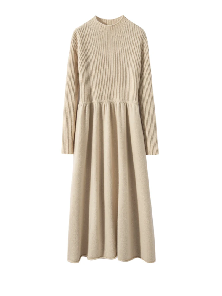 

Women's Long Dress Thick Soft 100% Cashmere Sweater Comforable Warm Clothes Retro Grace O-Neck Slimming Knitwear Female Clothing