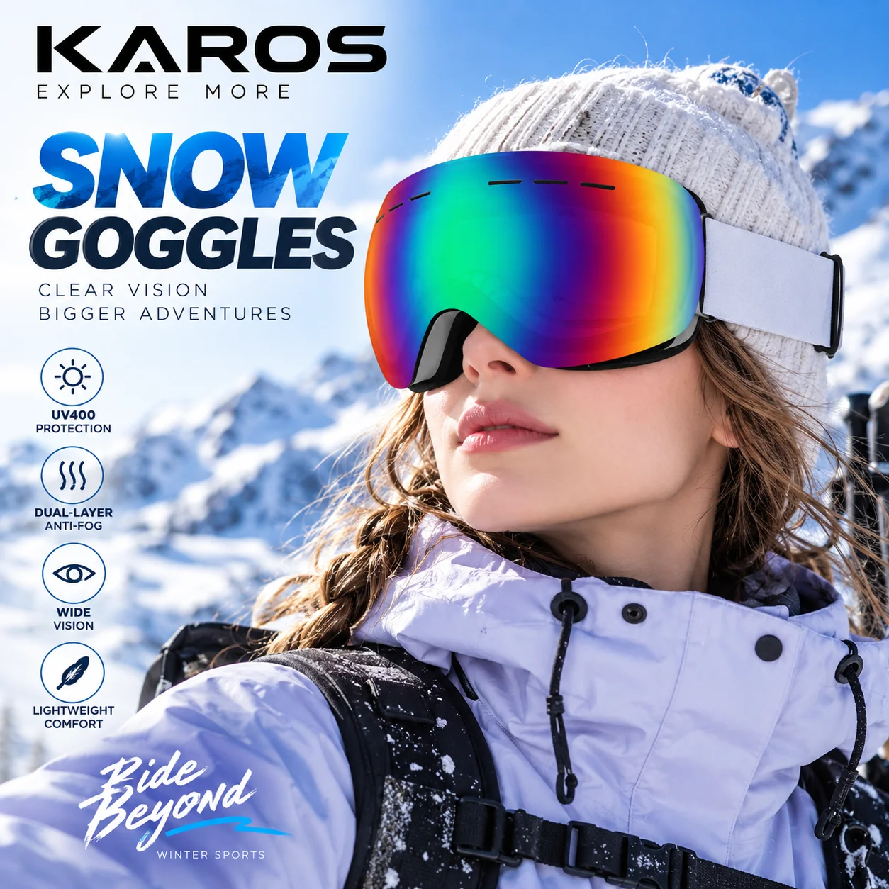 Karos Winter Ski Goggles Double Layer Anti Fog Lens UV400 Protection Snowboard Glasses Outdoor Sports Snowmobile Skiing Eyewear