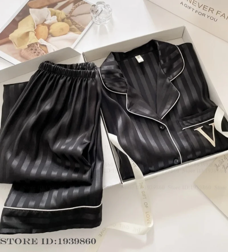 

Female Pajamas 2PCS Set Fashion Balck Ice Silk Sleepwear Trouser Suits Lounge Wear Spring Autumn New Nightwear Loose Homewear