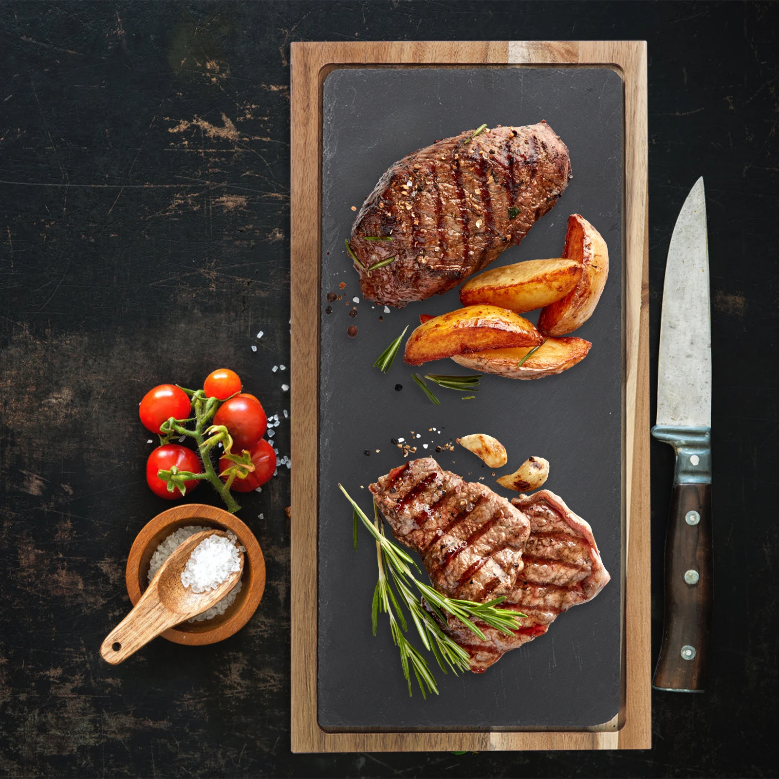 

Rectangular Wooden Tray Black Stone Plate for Steak Pizza Sushi Smooth Easy Clean Home Restaurant Hotel Decorative Bowls