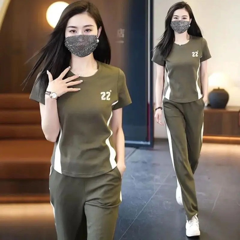 Leisure Fashion Sportswear Set 2024 Summer New Fashion Age Reducing Short Sleeves+Wide Leg Pants Two Piece Set Trendy