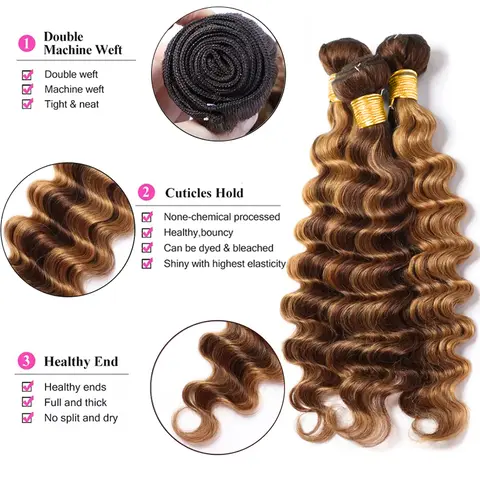 P4/27 Deep Wave Highlighted Human Hair Bundles Honey Brown Curly Hair