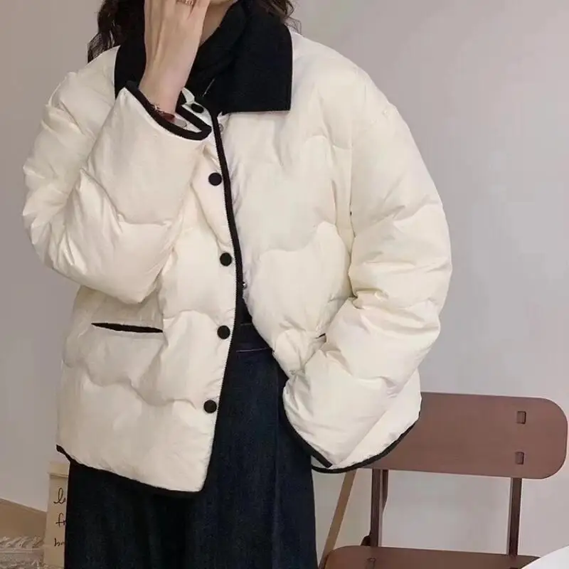 

Korean Version Girl's White Duck Down Cotton-Padded Jacket Thicken Winter Women's Stand Collar Light Thin Zipper Puffer Jacket