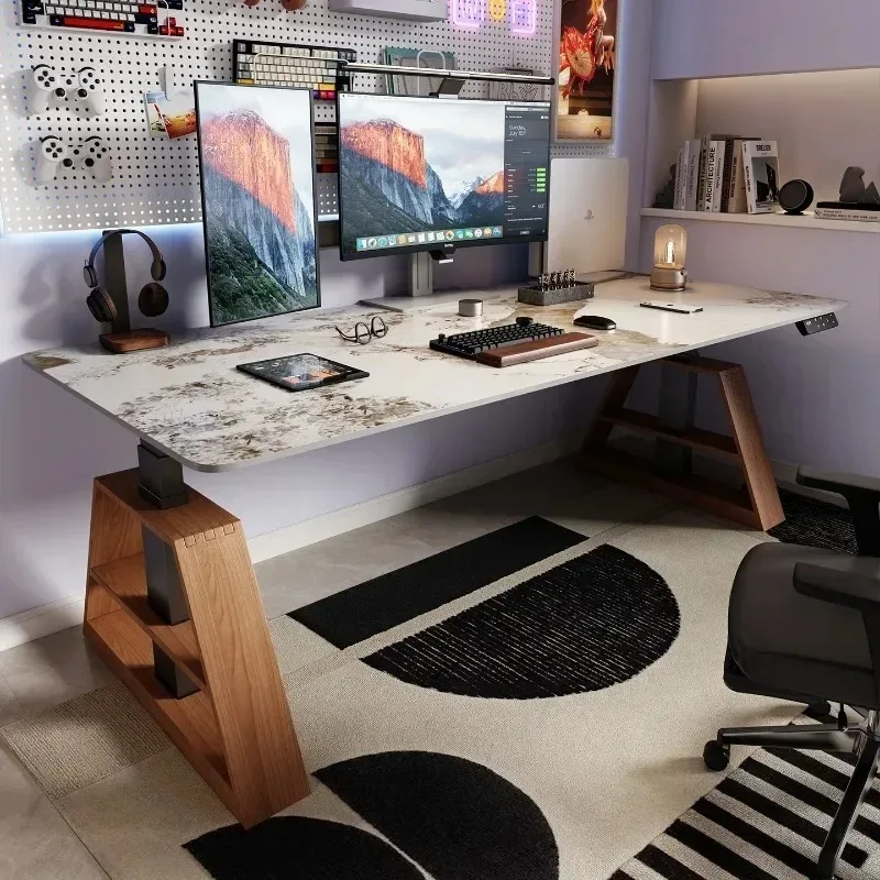 Nordic Creative Electric Lift Standing Desk, Rock Slab Computer Desk for Study Bedroom Gaming Executive Office Furniture