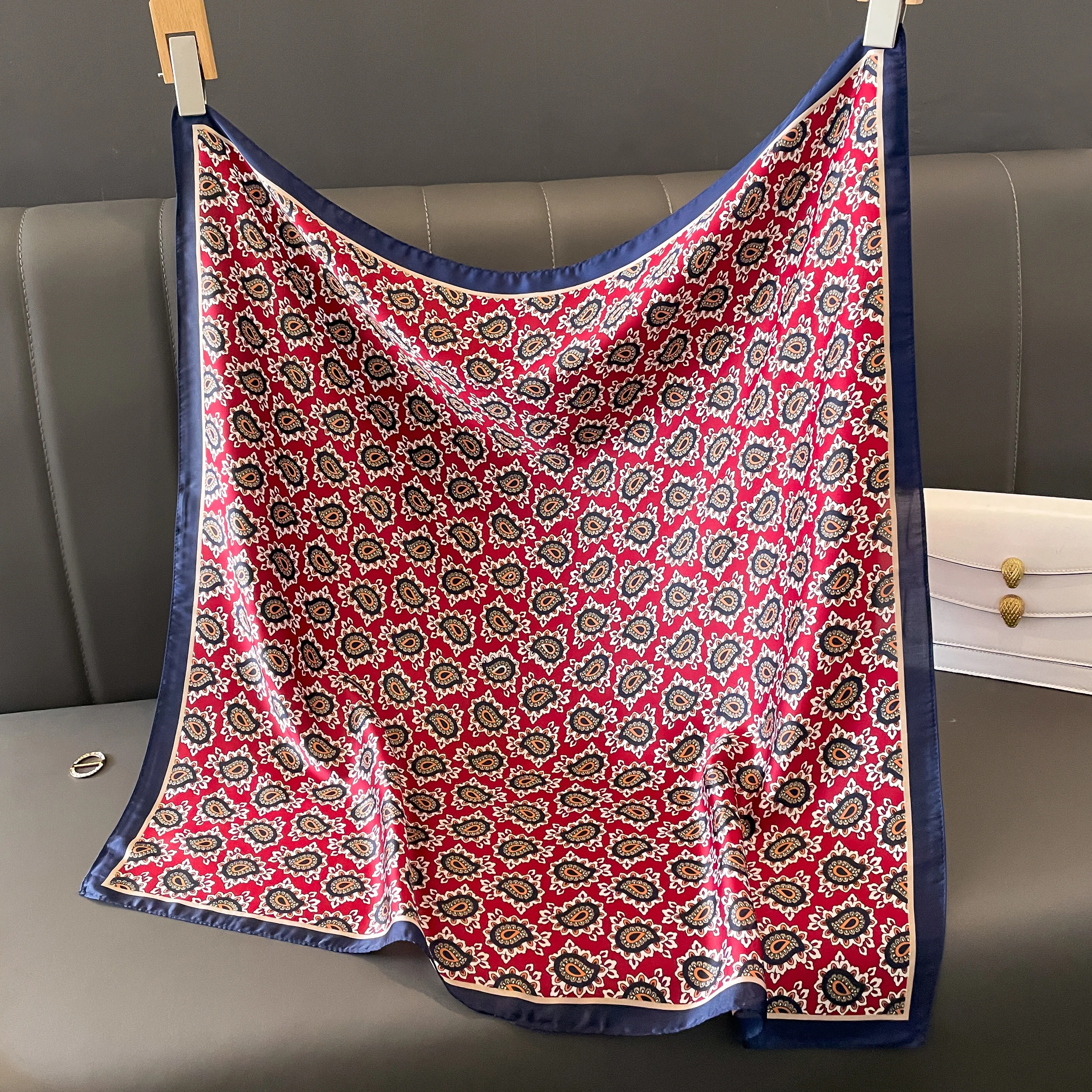 Vintage Red Paisley Square Scarf 70×70cm, Women Silky Satin Bandana, Retro Floral Print Neck Scarf for Daily Office Bag Decor