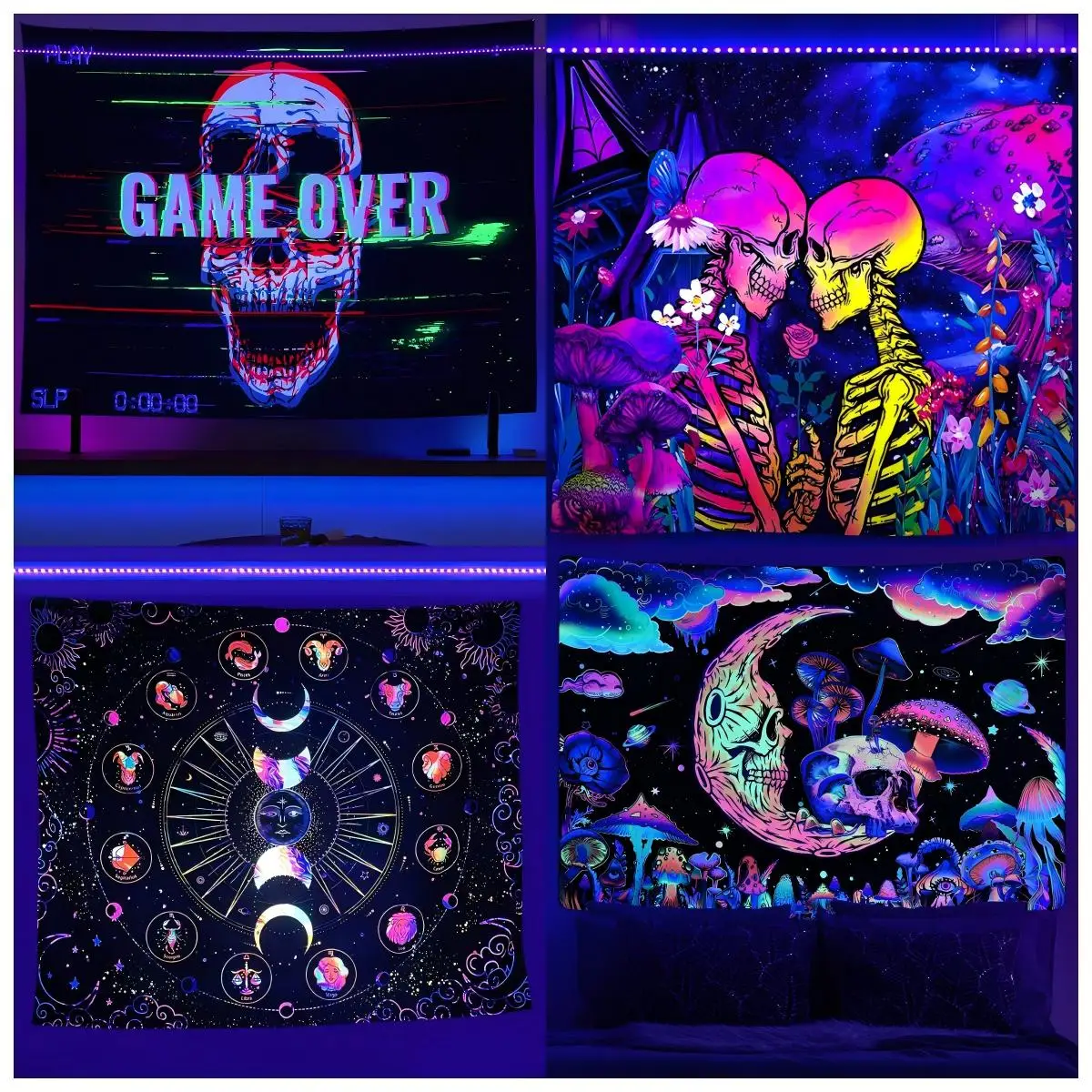 VIKAMA Cyber Neon Wandteppich, defekte Kunst, Totenköpfe, Wohnzimmer, trendiges Schlafzimmer, Nachttisch, Spielzimmer, Hintergrund, Heimdekoration, Wandteppich