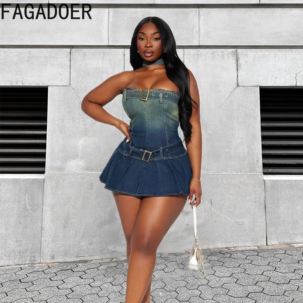 FAGADOER Fashion Denim Halter Gradient Print Belt Dress Women Sleeveless Backless Pleated Vestidos Female Trend Cowboy Streetwea