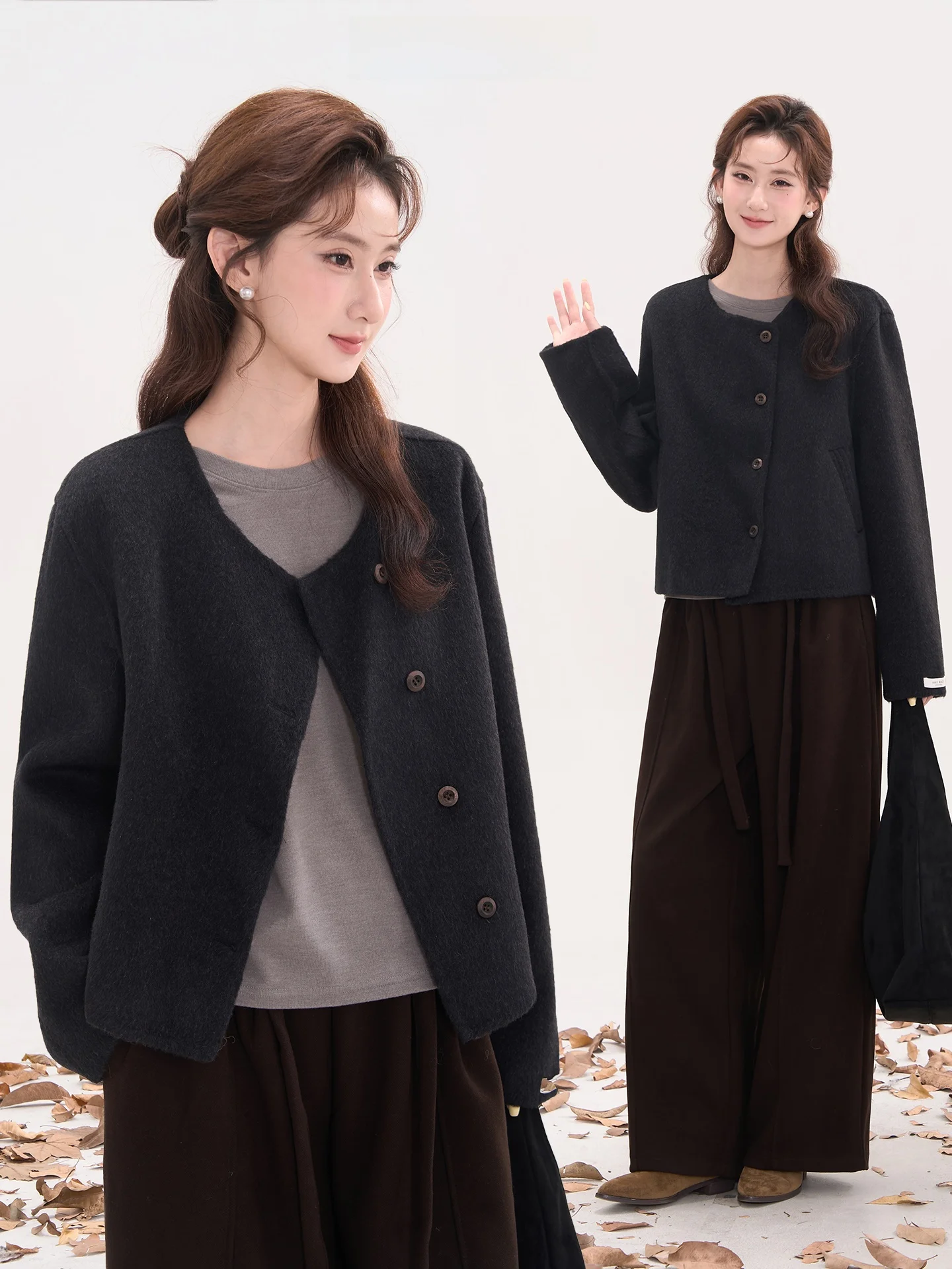 

Ele Double-Sided Woolen Coat Women's ort Sle Faionable Korean Version Commute Pure Color Long Sve Button up