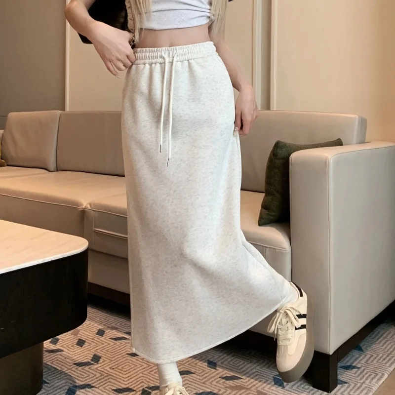 

Spring and Autumn A-line Skirt Split Half Length Skirt Elastic Drawstring High Waisted Long Skirt Casual New Style Skirt