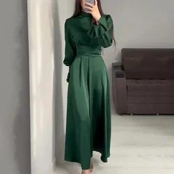 Autumn Muslim Middle East Women's Solid Dress Flared Sleeve Button Half High Neck Tie Slimming Drawstring Female Trendy Dresses