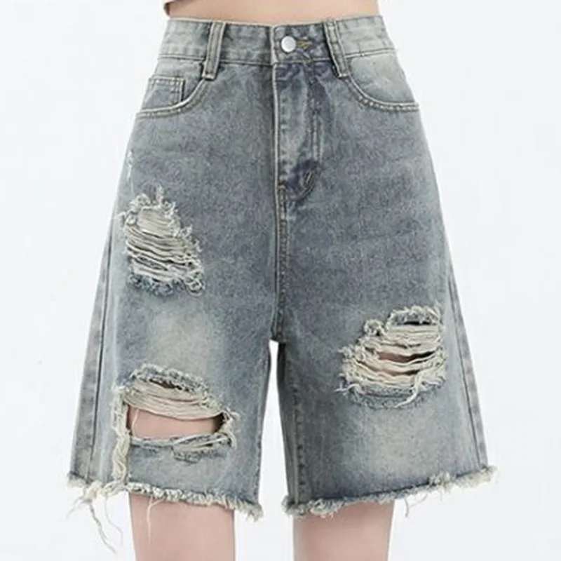 

2024 American Retro Fringed Woman High Waist Denim Capris Pants Girls High Street Ripped Jeans Female Blue Hop A Line Shorts