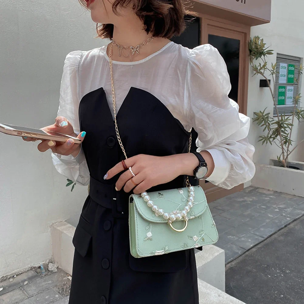 Women Vintage Pearl Chain Handbags PU Net Yarn Flower Embroidery Female Shoulder Bag Messenger Bag Small Tote Bag Crossbody Bags