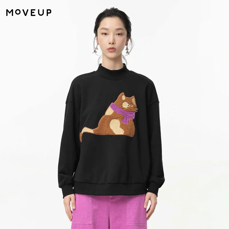 

MOVEUP Long Sleeved High Neck Sweatshirt Autumn Cartoon Cat Embroidery Drop Sleeves Minimalist Pullover Top For Women 324310552