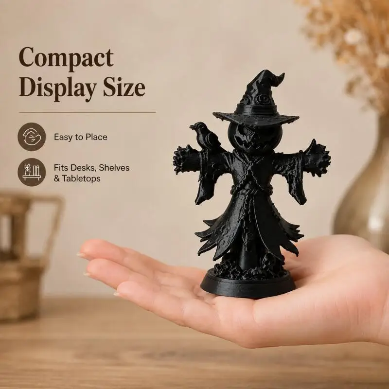 3D Black Pumpkin Scarecrow Figurine with Crow, Halloween Witch Hat Desktop Decor for Home Shelf Table