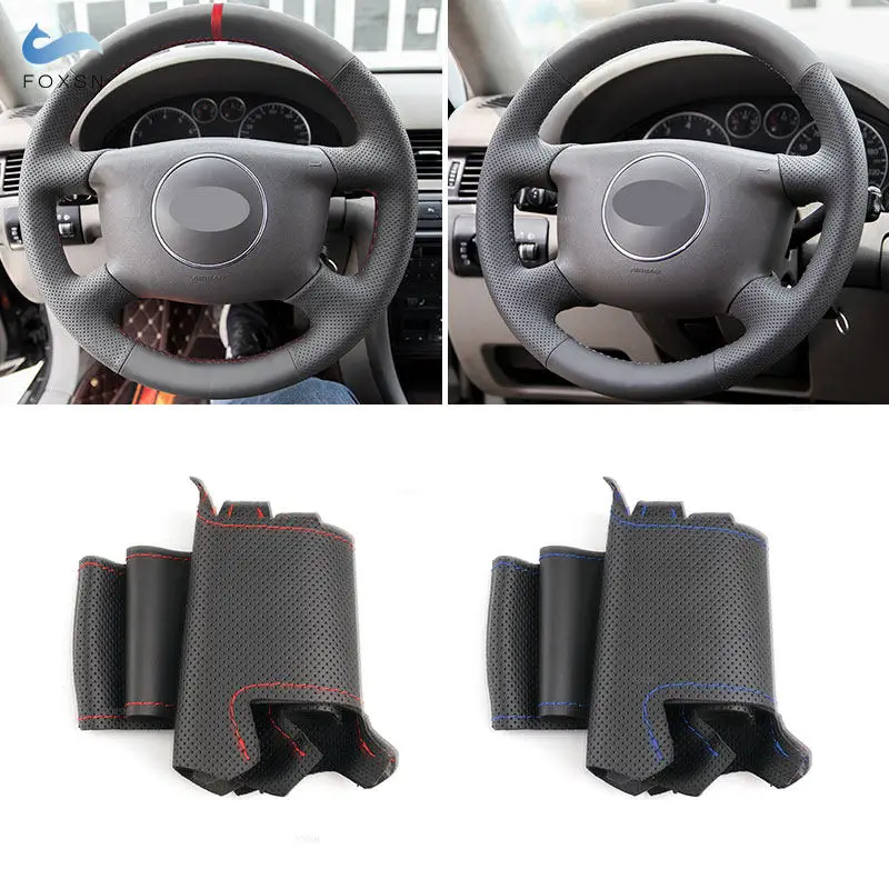 Car Inner Steering Wheel Cover Perforated Leather Trim For Audi A2 8Z A3 8L Sportback 2000-2005 A4 B5 B6 A6 C5 A8 D2 S4 4-spoke