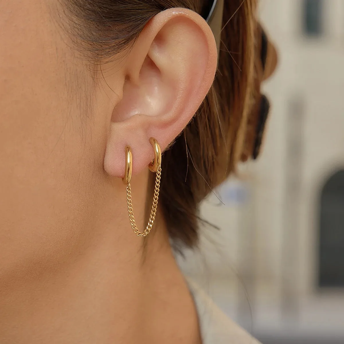 Miia Minimalist Connected Drop Huggie Hoop Earrings 304 Stainless Steel 18K Gold Plated Fashion Jewelry for Women Everyday Wear