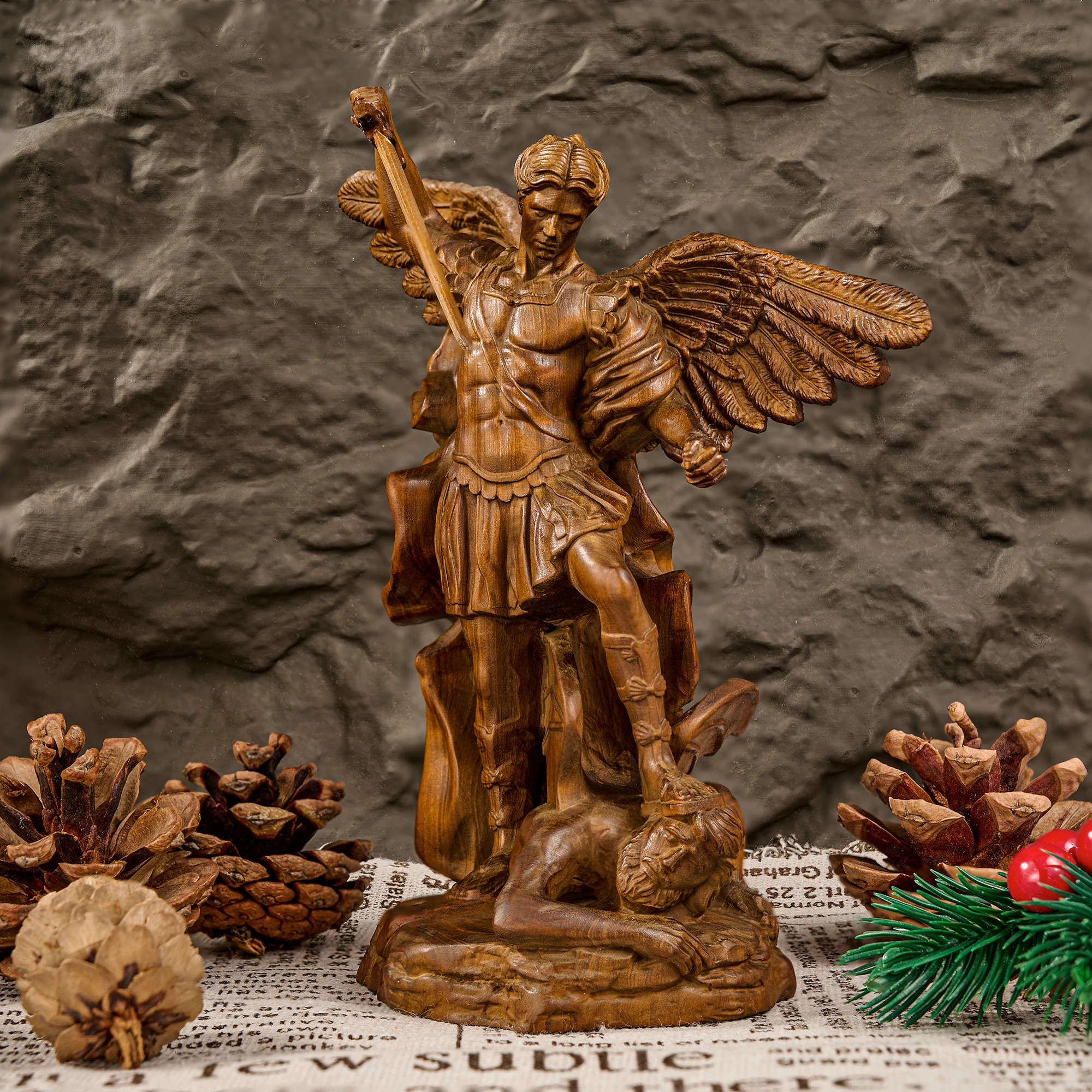 Wood Carved Archangel St Michael Statue Defeating Satan Angel Warrior Figurine Retro Wooden Religious Sculpture Catholic Home Al