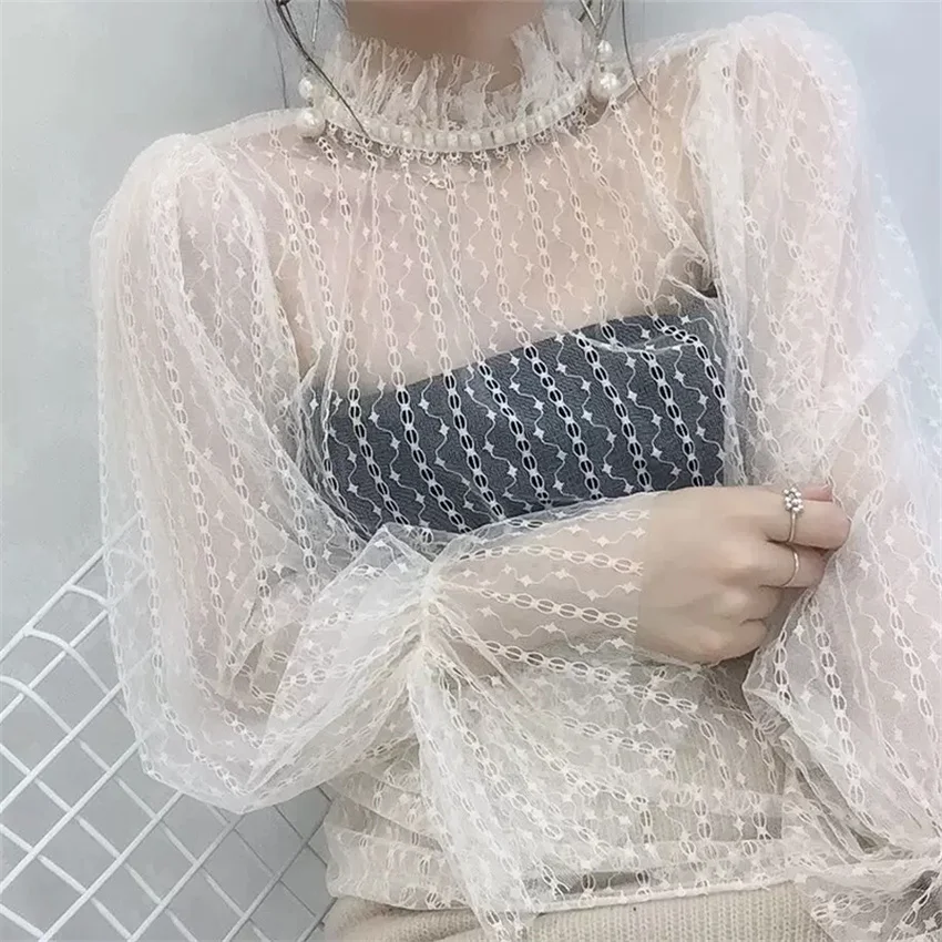 2023 New Women Long Sleeve Blouse Elegant Summer Lady Lace Blousas Sweety Girl Hollow Out Floral Shirt Bottomings Pullovers 2186