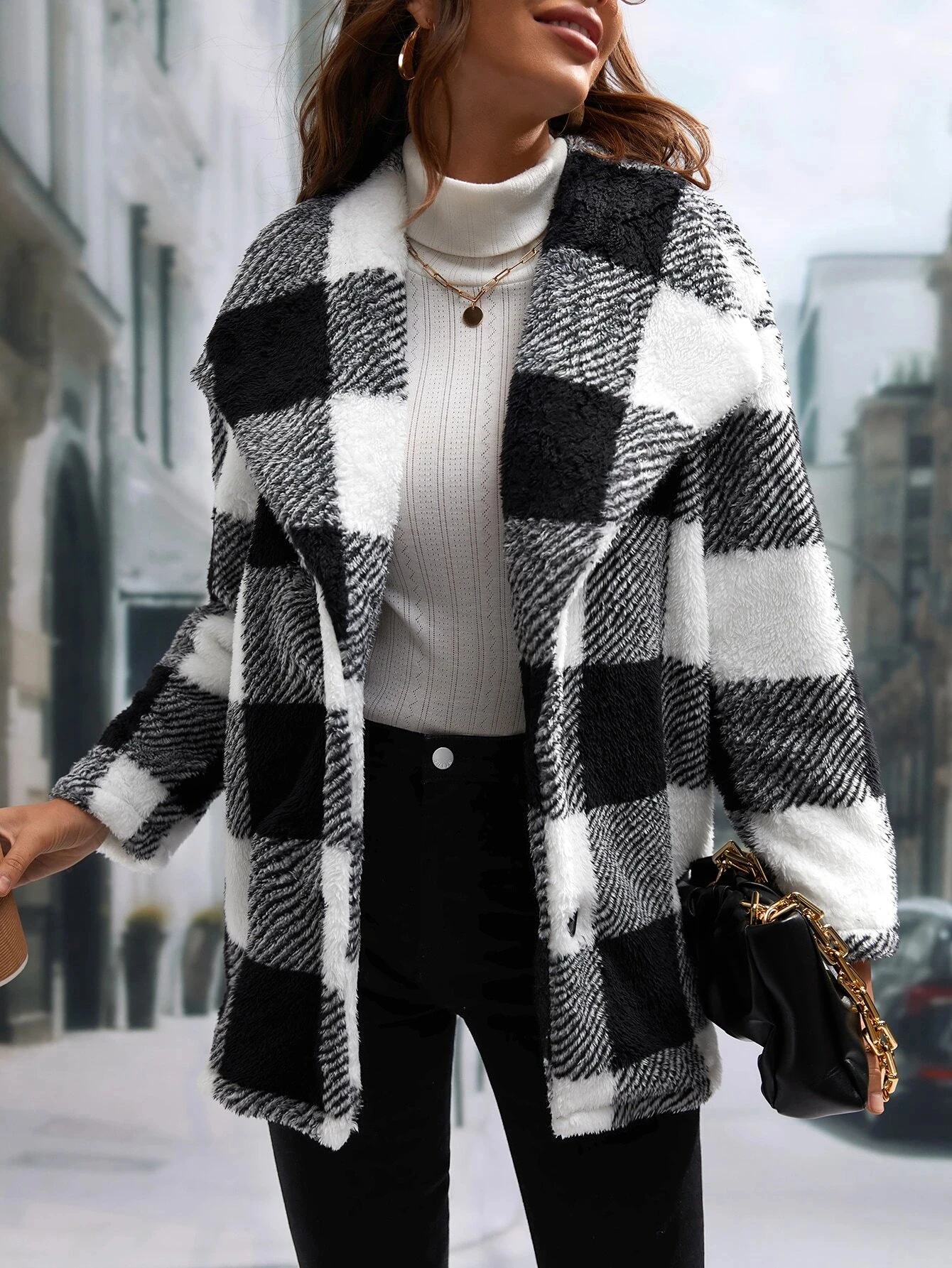 

Women's Autumn and Winter Buffalo Print Teddy Bear Coat Without Sweater