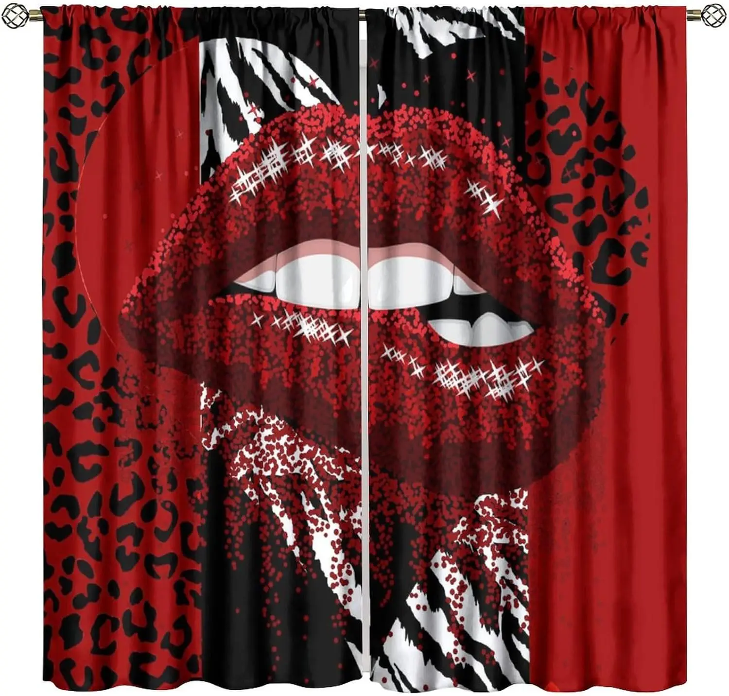 Glitter Lips Decor Window Curtains Red Sequins Sparkling Black White Leopard Zebra Home Kitchen Livingroom Coffee Room Window