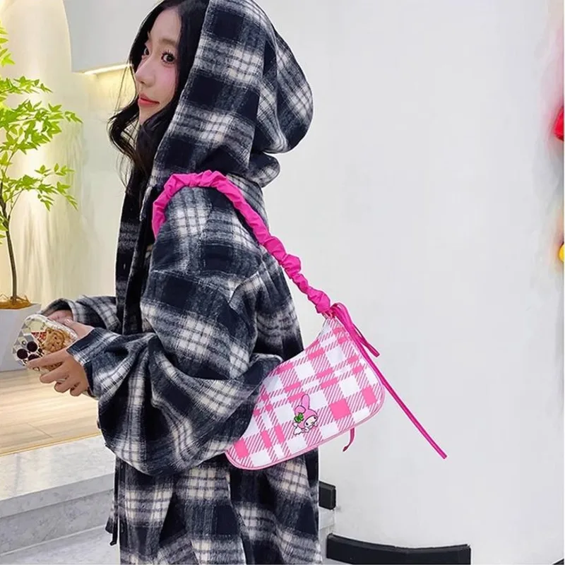 

Sanrio Hello Kitty My Melody Niche Design Cute Handbag Women's Checkered Baguette Bag Y2k Soft Girl Versatile Trend Shoulder Bag