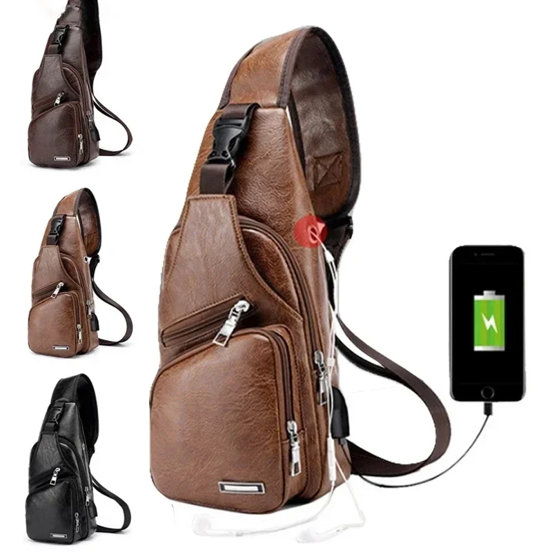 Usb Charging Travel Organize Crossbody Shoulder Bags New Vintage Shoulder Bag For Man PU Leather Brown Chest Bag Large Capacity