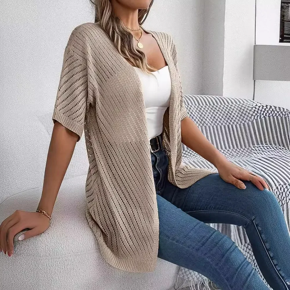 Hollow Short Sleeve Knitted Cardigan Loose Fit Solid Color Sun Protection Cover Up Beach Resort Vintage Chic Ladies Outerwear