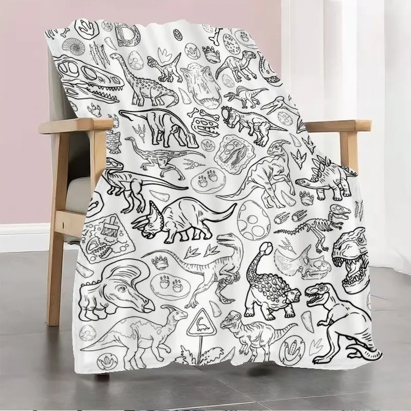 1pc 2D Flat Print Dinosaur Themed DIY Coloring Flannel Blanket. Black White Line Prehistoric Pattern Skin Friendly Soft for Sofa