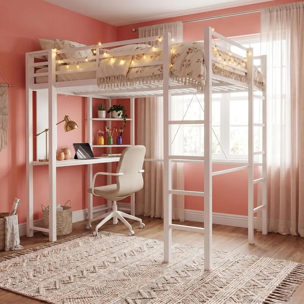 

Twin Metal Bunk Bed with Desk, 2 Ladders & Safety Rail, Ideal for Small Spaces, Matte White