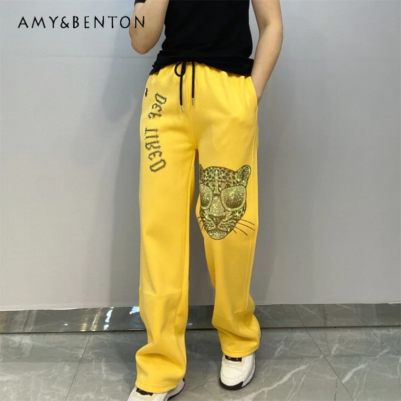 

Elastic Waist Fashionable High-end Fleece Trousers Women's Clothes Sparkling Diamond Pants Diamond-encrusted Straight Sweatpants