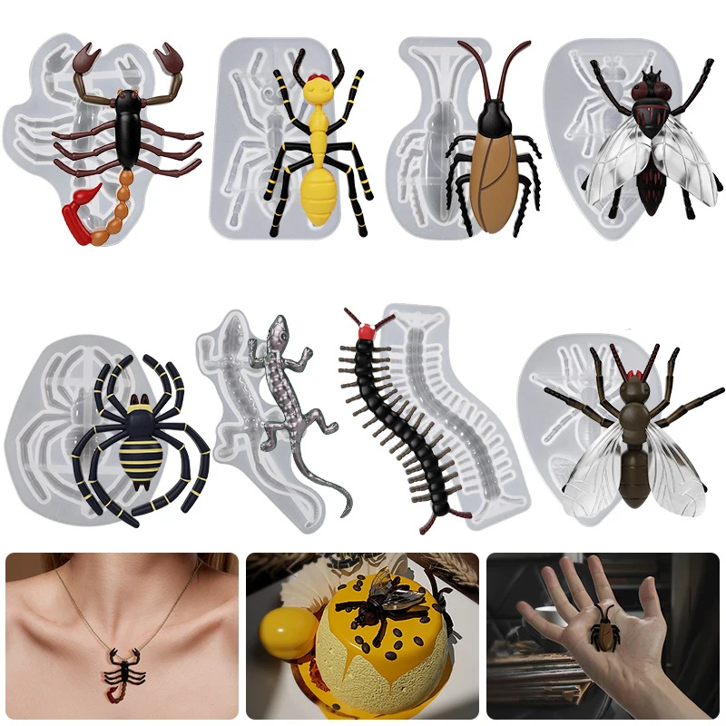 

6pcs Animal Casting Moulds Halloween Silicone Keychain Mold Lizards Spiders Flies Pendant Decoration Mold DIY Jewelry Ornament