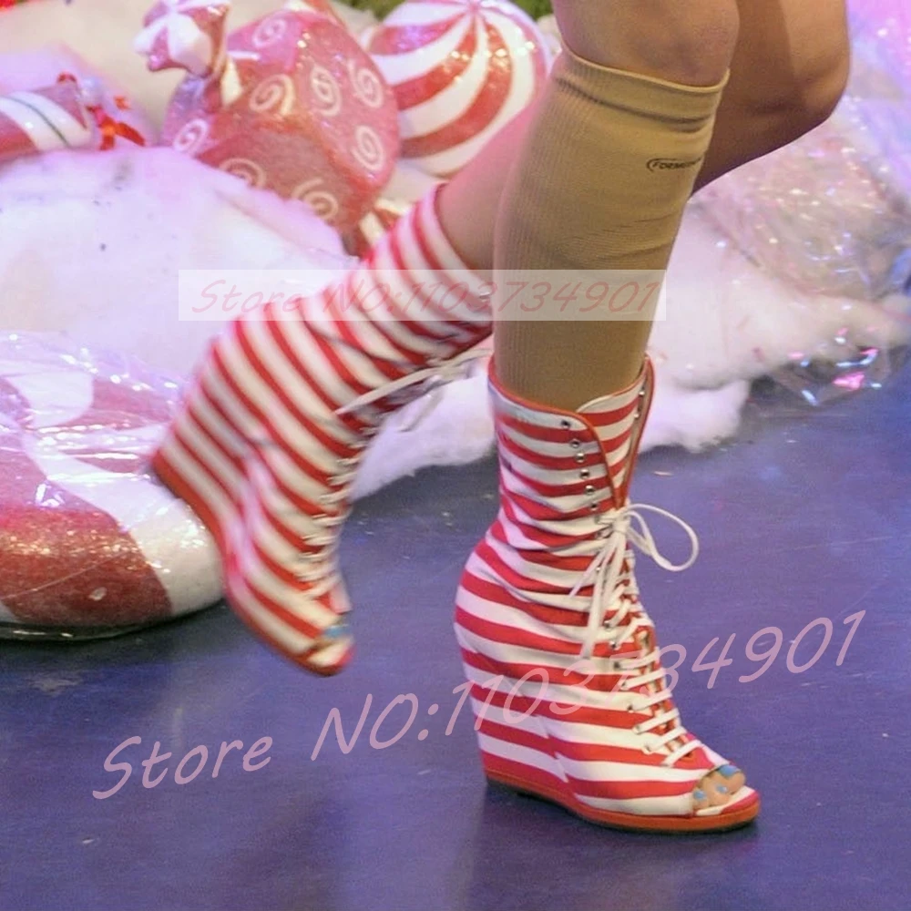 

Red Striped Peep Toe Wedge Boots Women Edgy Two-tone Lace-Up High Heels Ankle Boots Female Fashion Nifty Party Footwear