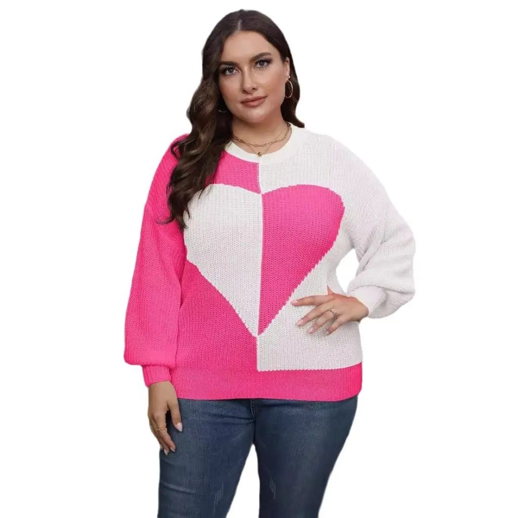 plus Size Women's Autumn Winter Jacket European American Style Pullover Woven Sweater Love Stitching Contrast Design