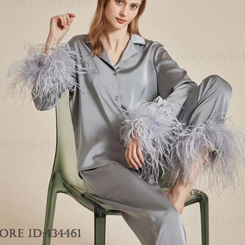 fashion-luxury-feathers-pajamas-set-female-sleepwear-home-clothes-spring-autumn-new-trouser-suits-pyjama-silk-satin-lounge-wear