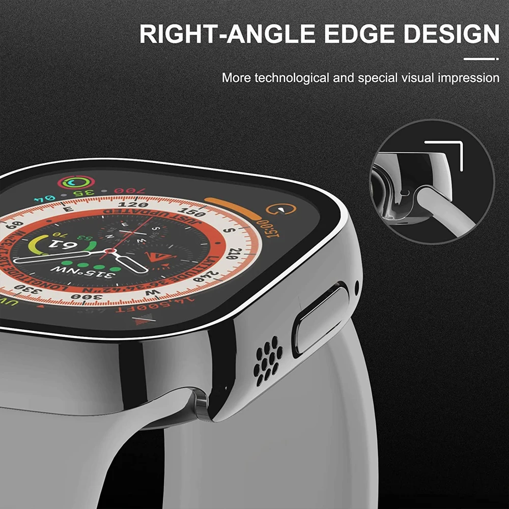 Displayschutzfolie für Apple Watch Case Ultra 2 3 49 mm, Zubehör, gerade Kante, schützende PC-Stoßstange + iWatch-Abdeckung aus gehärtetem Glas