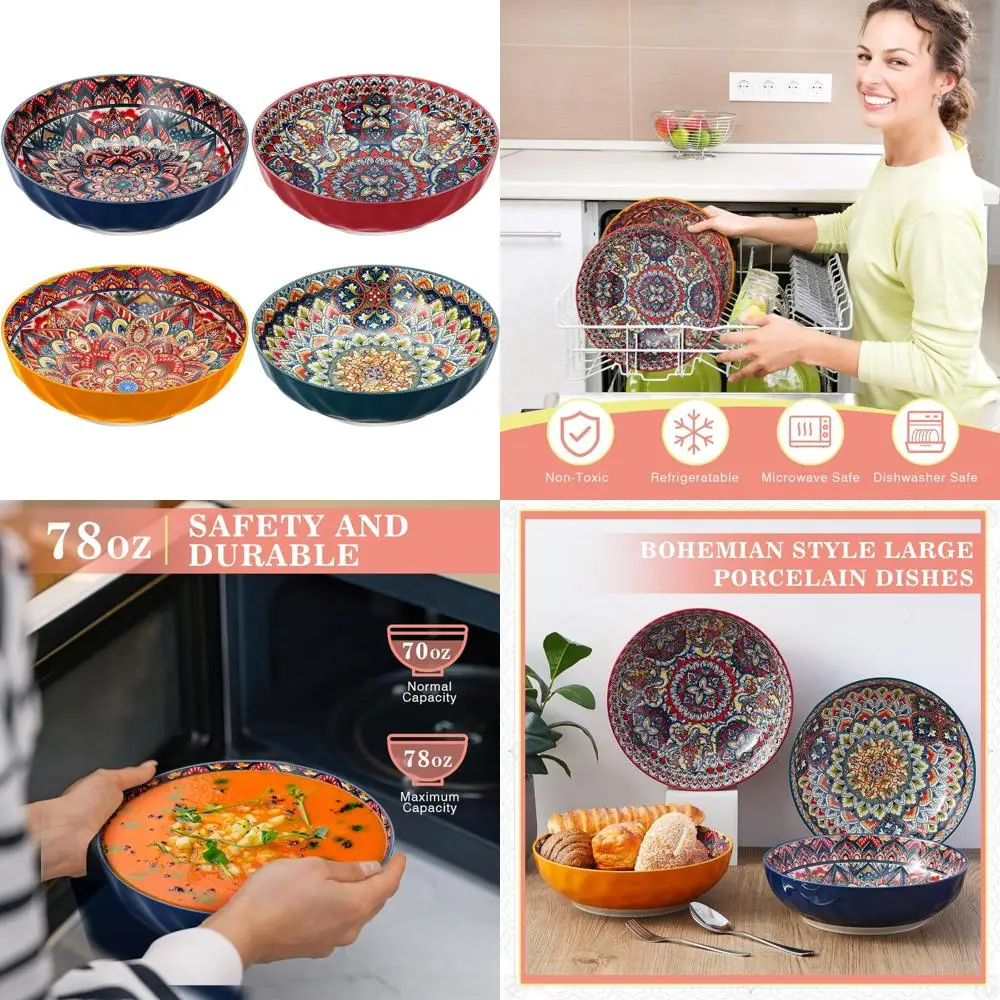 

Очень большие богемные керамические сервировочные миски из 4 предметов — идеально подходят для использования в салатке, супе, фруктах, макарон, хлопьях и микроволновой печи.