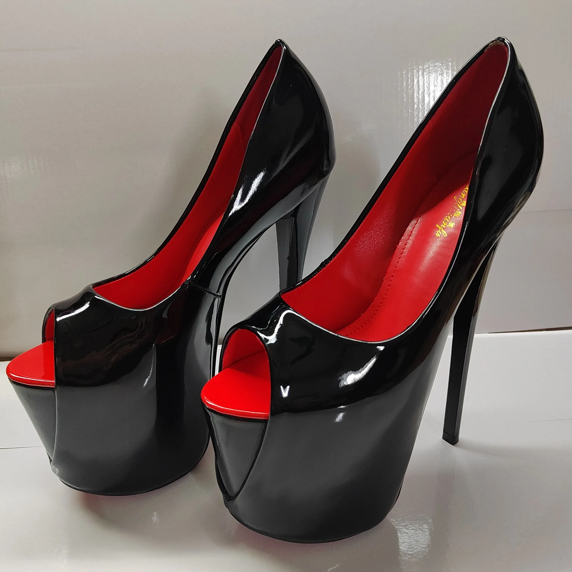 

19cm Platform Super High Heels Pumps Sexy Peep toe Patent Black Red Women's Heeled Office Party Fetish Wedding Shoes Big Size 50