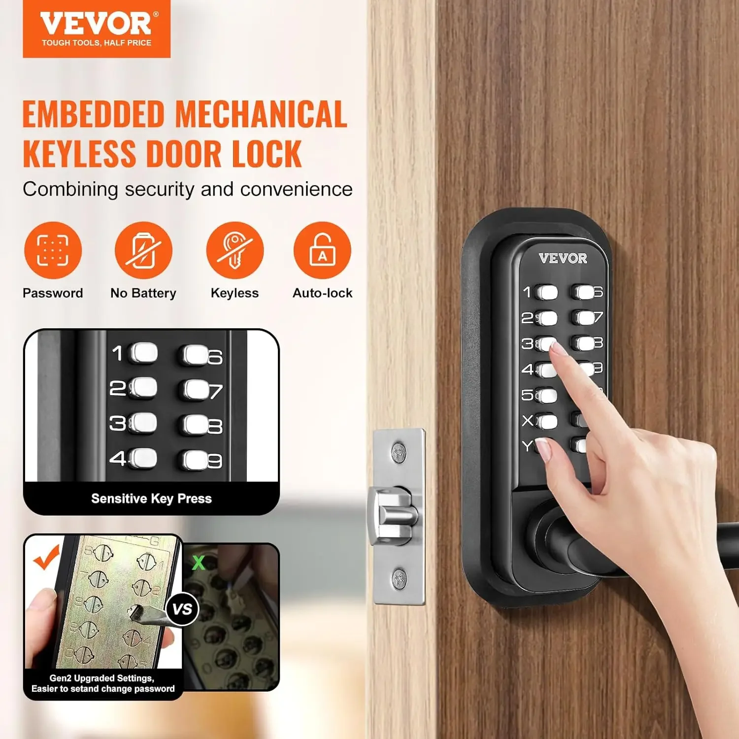 Mechanical Keyless Entry Door Lock, 14 Digit Keypad, Embedded Outdoor Gate Door Locks Set with Keypad and Handle