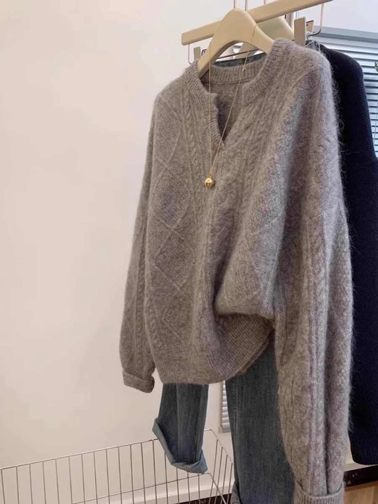 Maglione grigio con scollo a V per donna Autunno Inverno a maniche lunghe addensato caldo capispalla lavorato a maglia coreano pullover allentato per pendolari