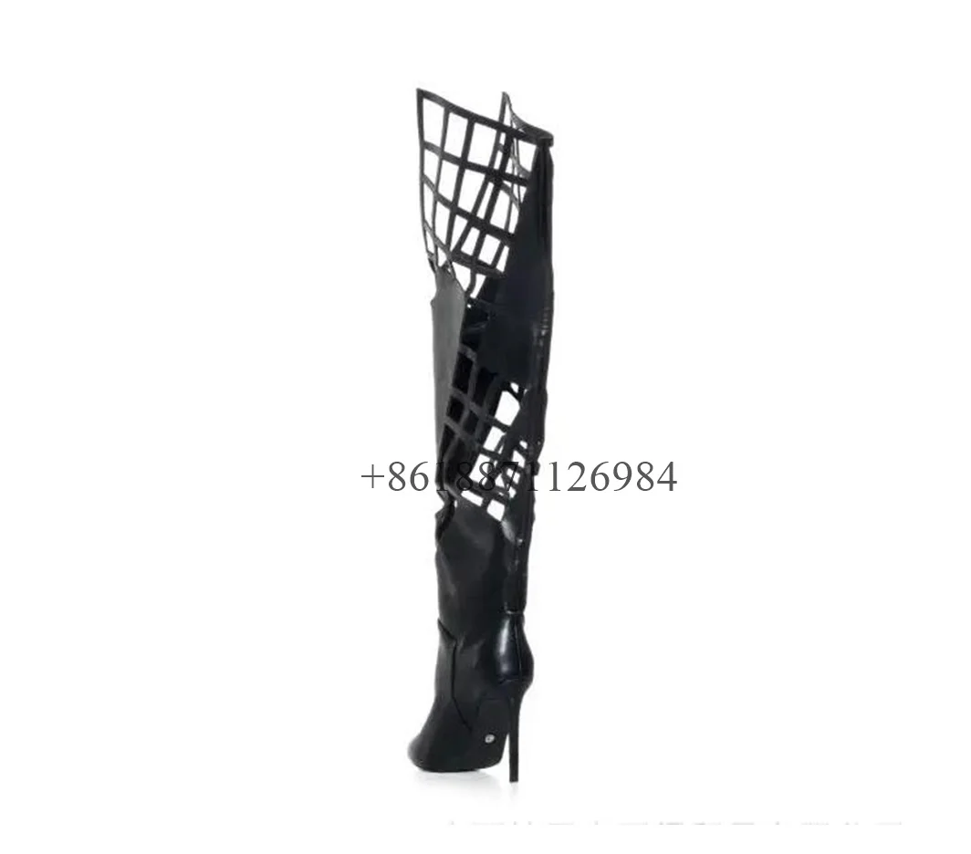 Sexy Style Black Pointed Toe Over The Knee Summer Women Boots Stiletto High Heels Slip On Design Large Size Fashion Show Shoes